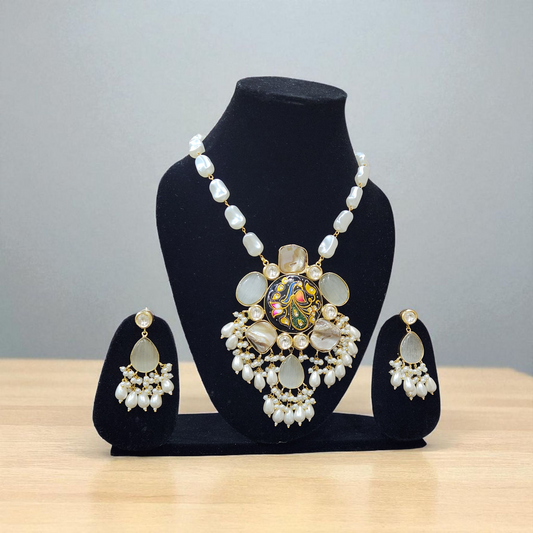 Pearl & Tanjore Meenakari baroque moonstone aqua stone Statement long Necklace Set – Handcrafted Pendant with Earrings