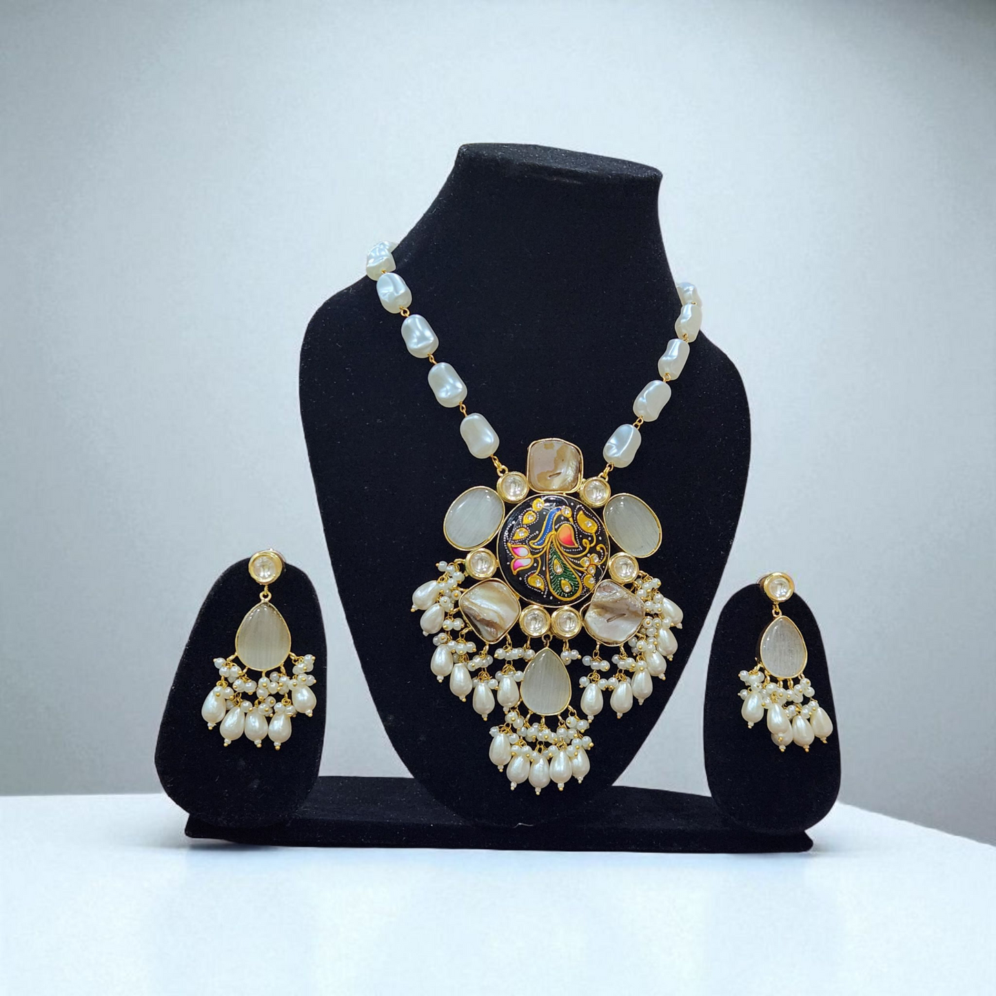 Pearl & Tanjore Meenakari baroque moonstone aqua stone Statement long Necklace Set – Handcrafted Pendant with Earrings