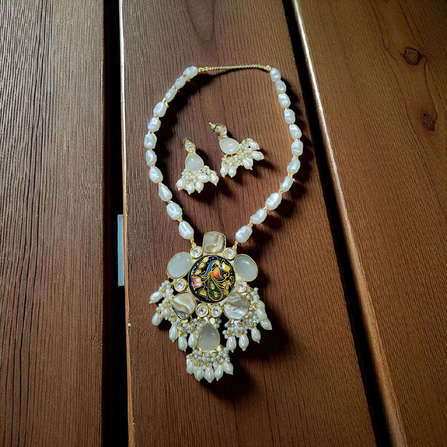 Pearl & Tanjore Meenakari baroque moonstone aqua stone Statement long Necklace Set – Handcrafted Pendant with Earrings