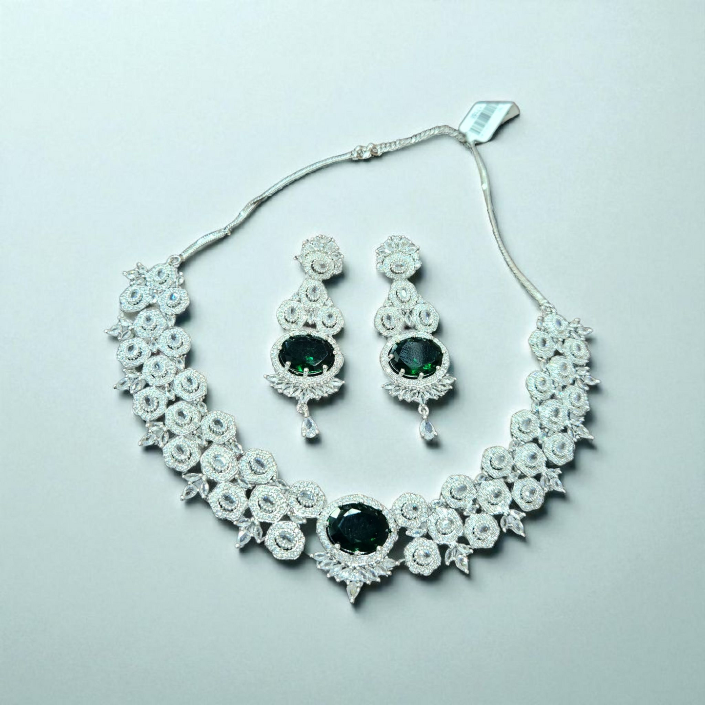Diamond-Style Green Emerald AD Stone Necklace Set – Elegant CZ Bridal Jewellary