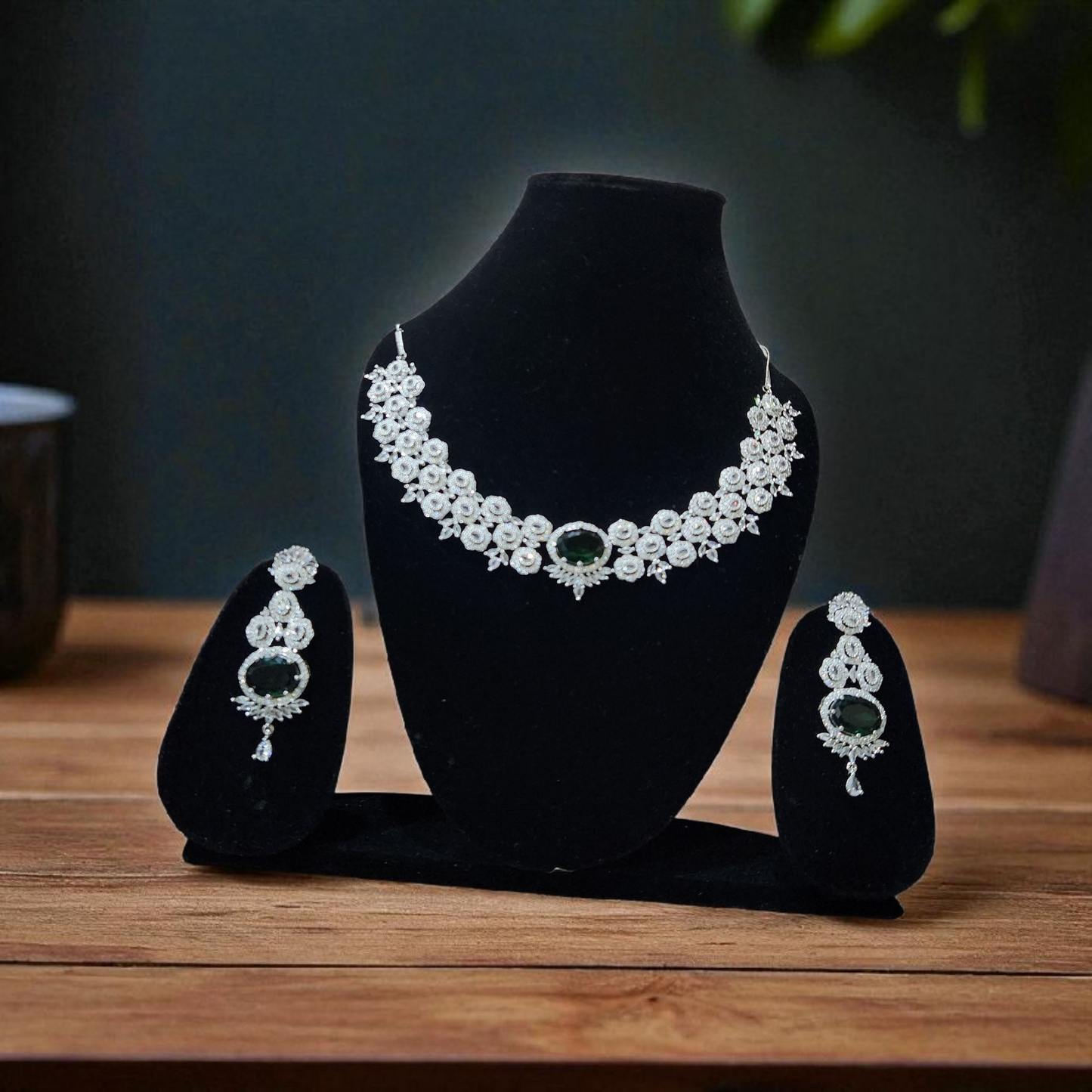 Diamond-Style Green Emerald AD Stone Necklace Set – Elegant CZ Bridal Jewellary