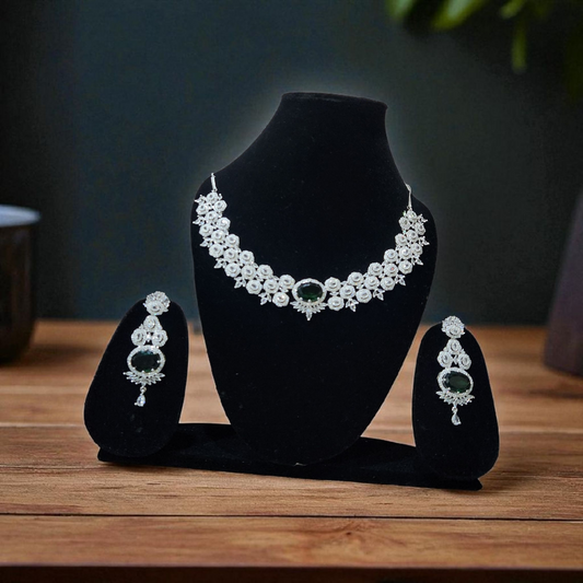 Diamond-Style Green Emerald AD Stone Necklace Set – Elegant CZ Bridal Jewellary