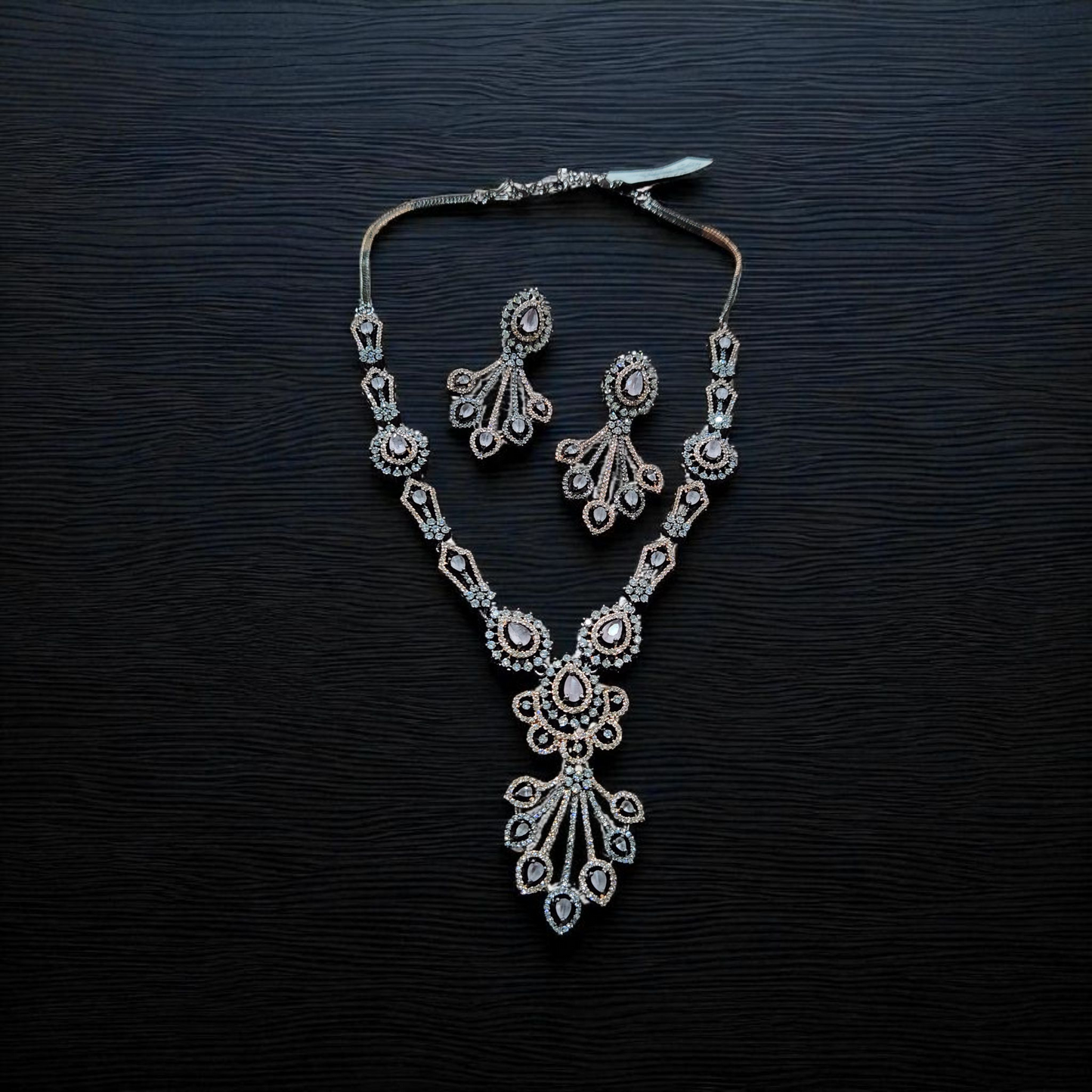 Victorian finish silver rosegold antique Diamond-Style CZ Bridal party Necklace Set – Elegant Long Earrings