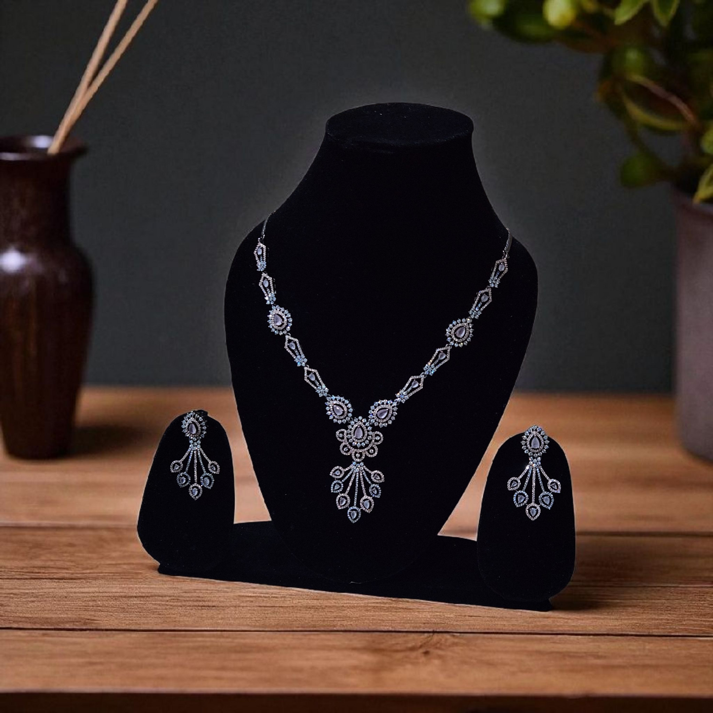 Victorian finish silver rosegold antique Diamond-Style CZ Bridal party Necklace Set – Elegant Long Earrings