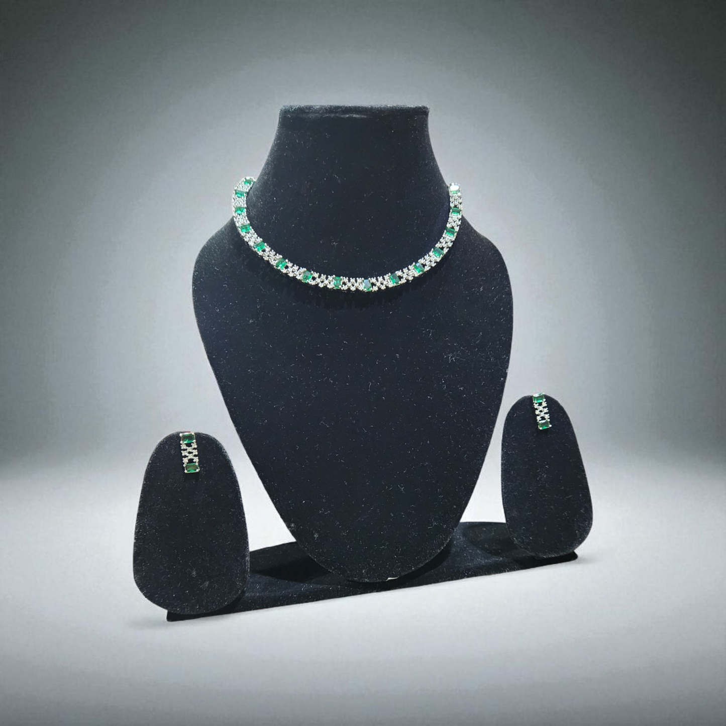 Green Emerald & Diamond-Style Silver white Necklace Set – Elegant CZ Stones