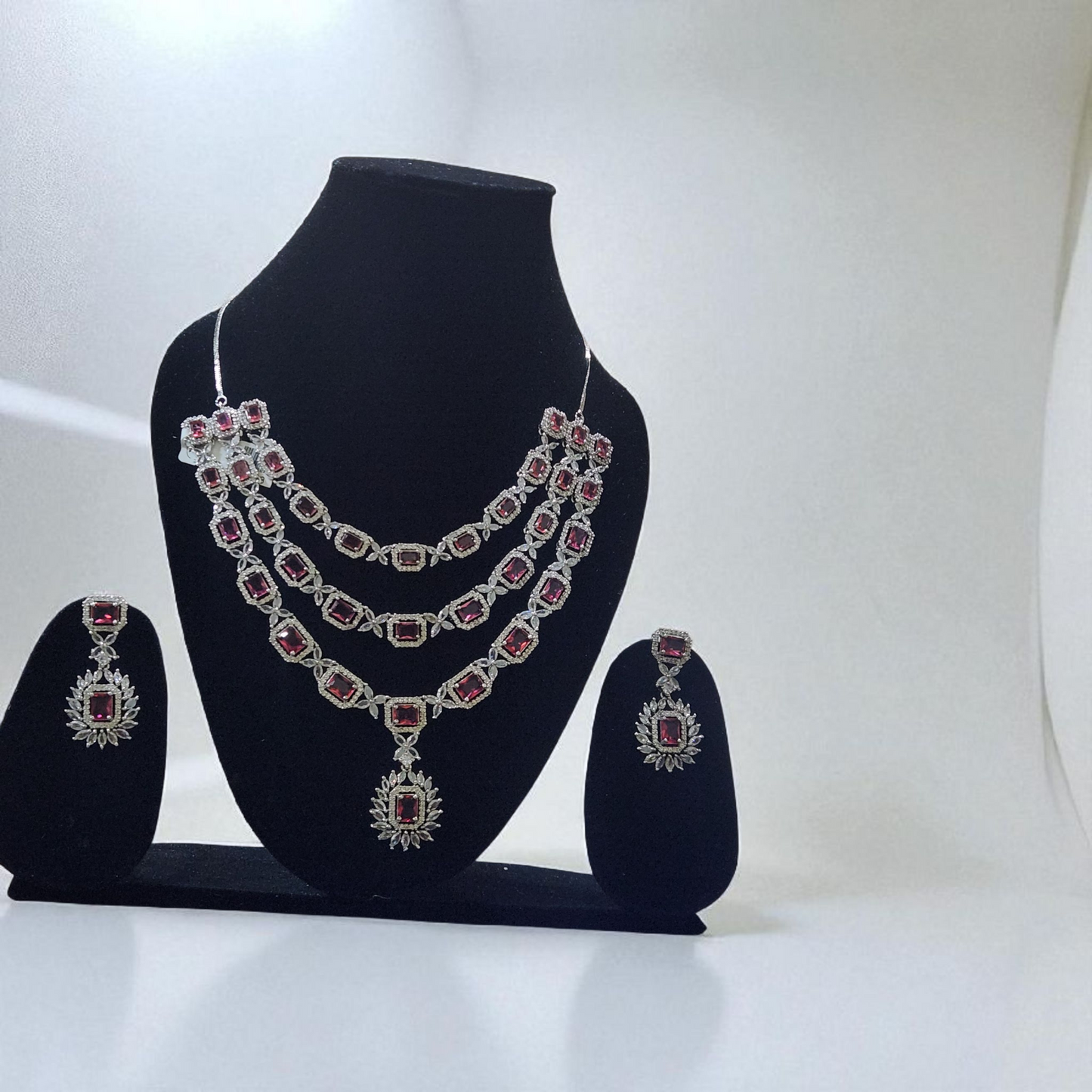 Royal Ruby CZ Choker Necklace Set – Multi-Layered Design with Earrings