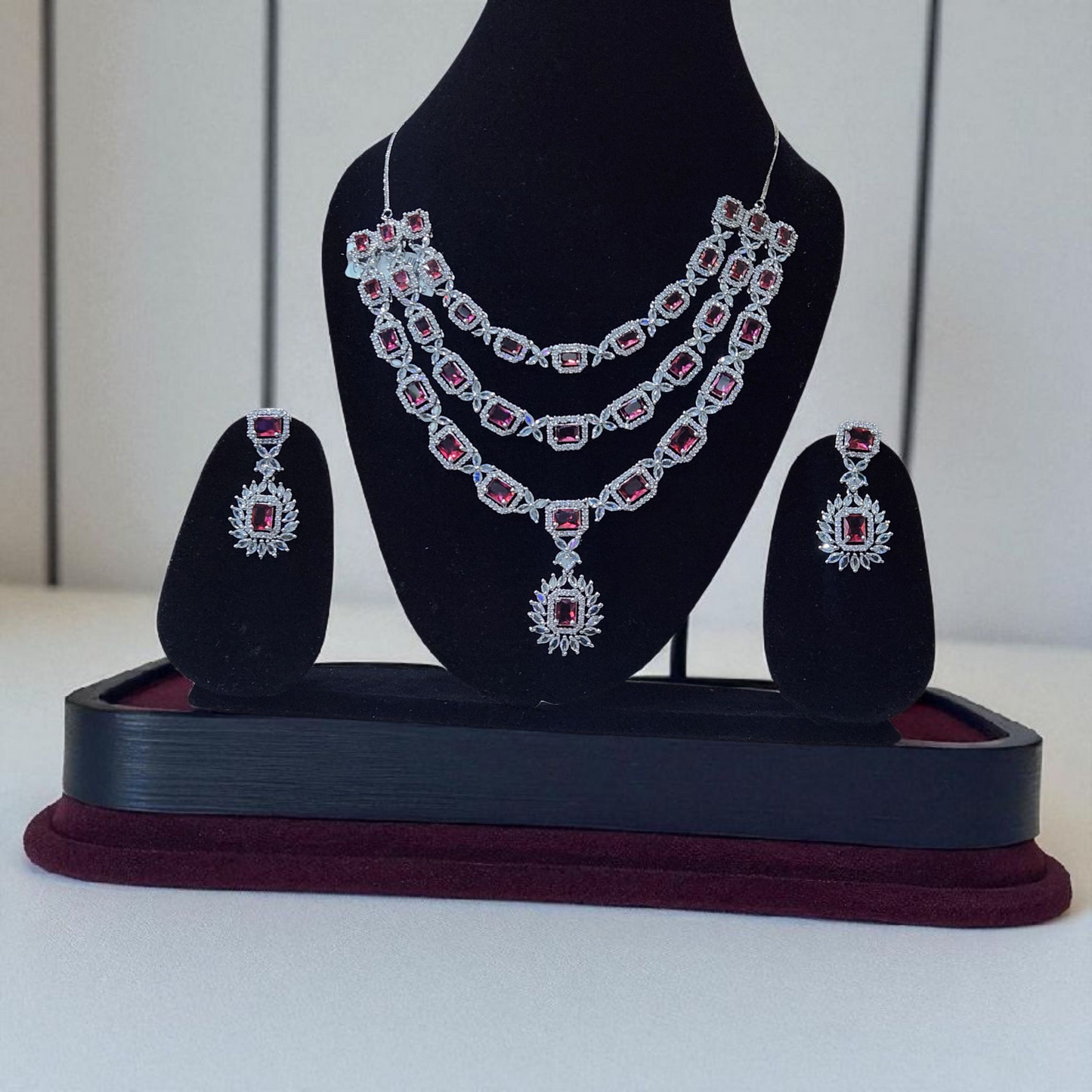 Royal Ruby CZ Choker Necklace Set – Multi-Layered Design with Earrings