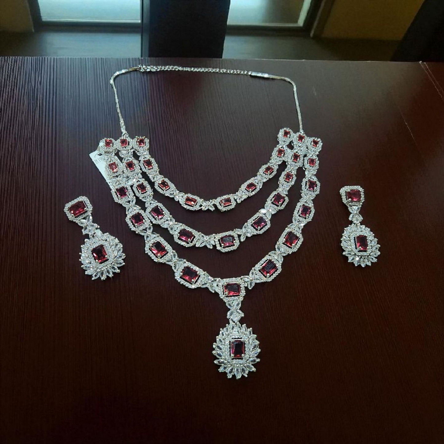 Royal Ruby CZ Choker Necklace Set – Multi-Layered Design with Earrings
