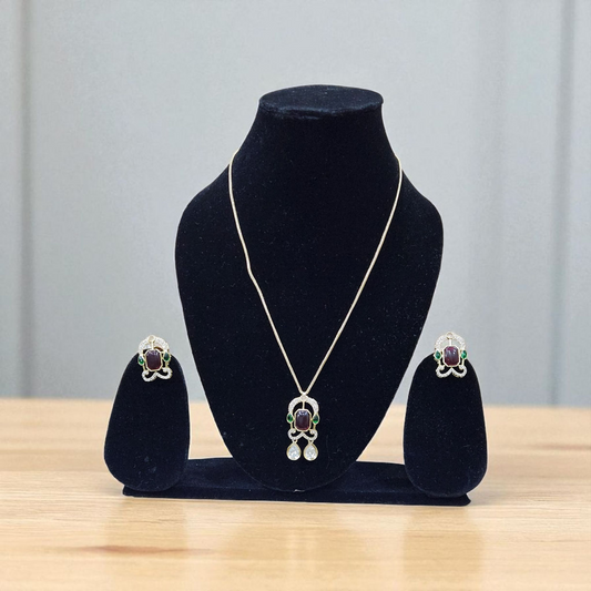Minimalist Pendant Gold Necklace Set with Kundan Ruby & AD Accents