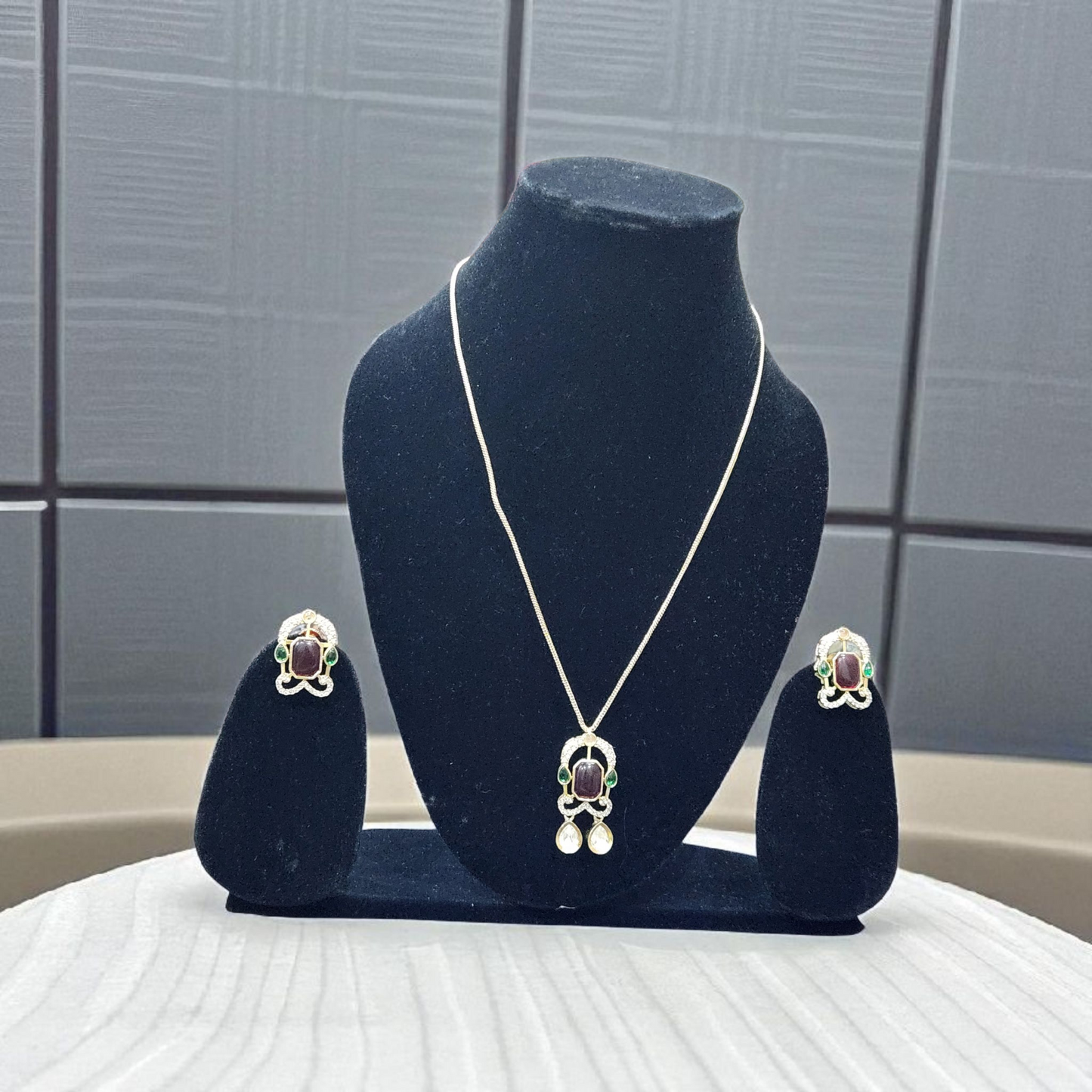 Minimalist Pendant Gold Necklace Set with Kundan Ruby & AD Accents