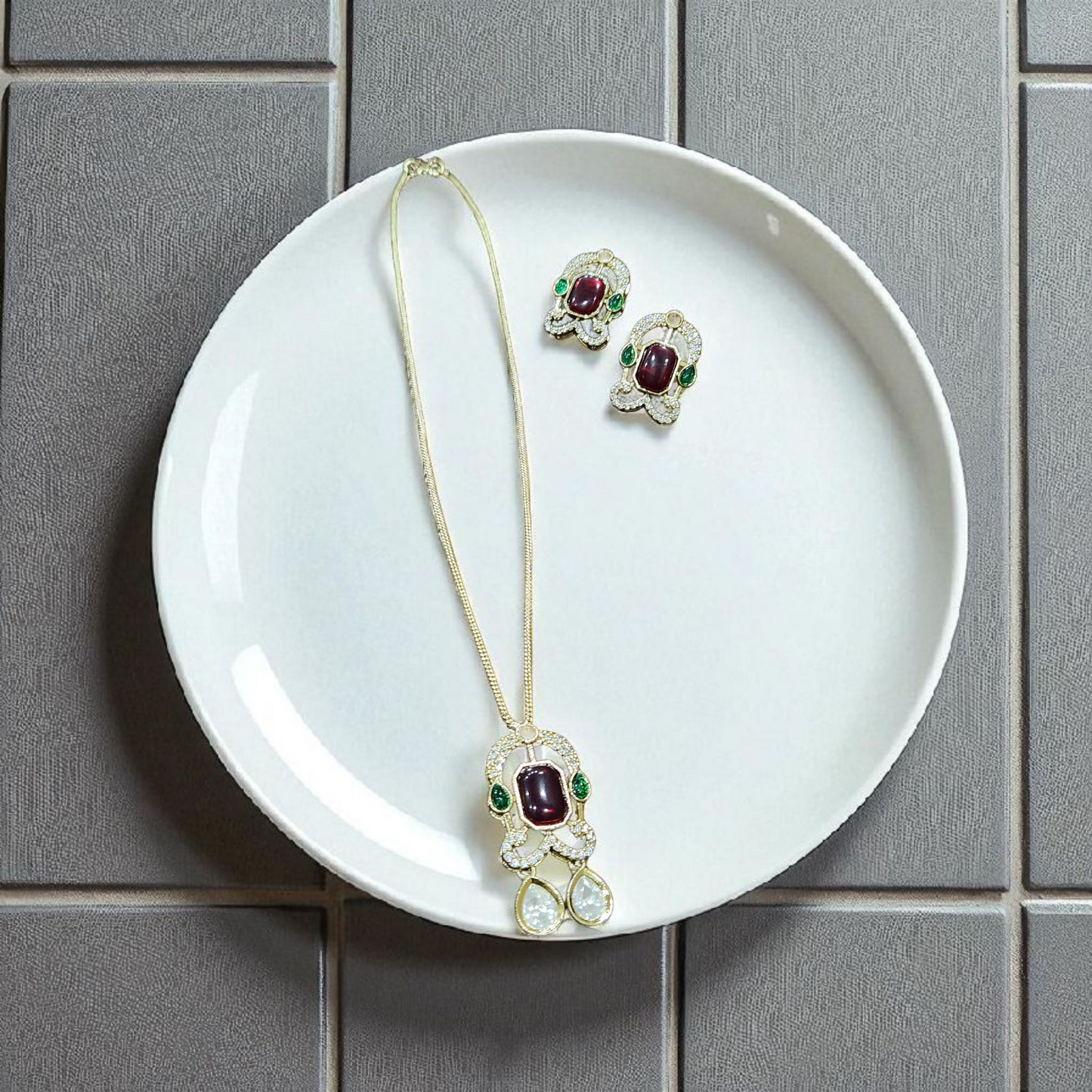 Minimalist Pendant Gold Necklace Set with Kundan Ruby & AD Accents