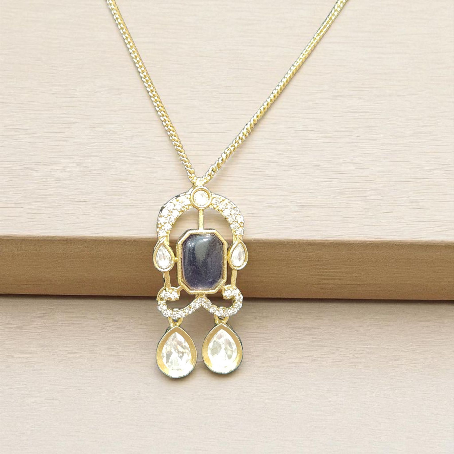 Minimalist Pendant Gold Necklace Set with Greyish Purple Stone & Crystal Kundan Drops