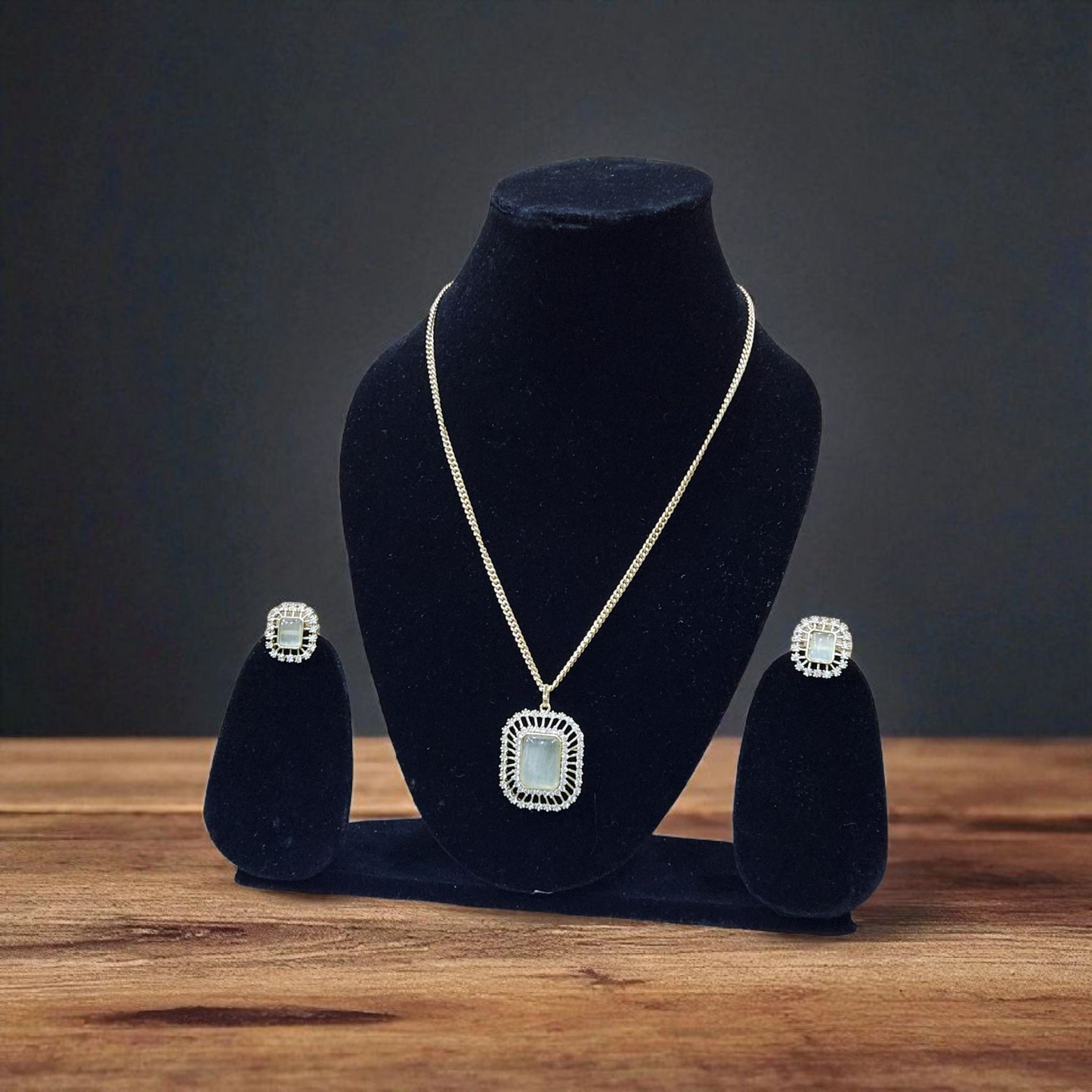 Classic Pendant Necklace Set with Square Moon Stone, AD Gold Polish & Matching Earrings