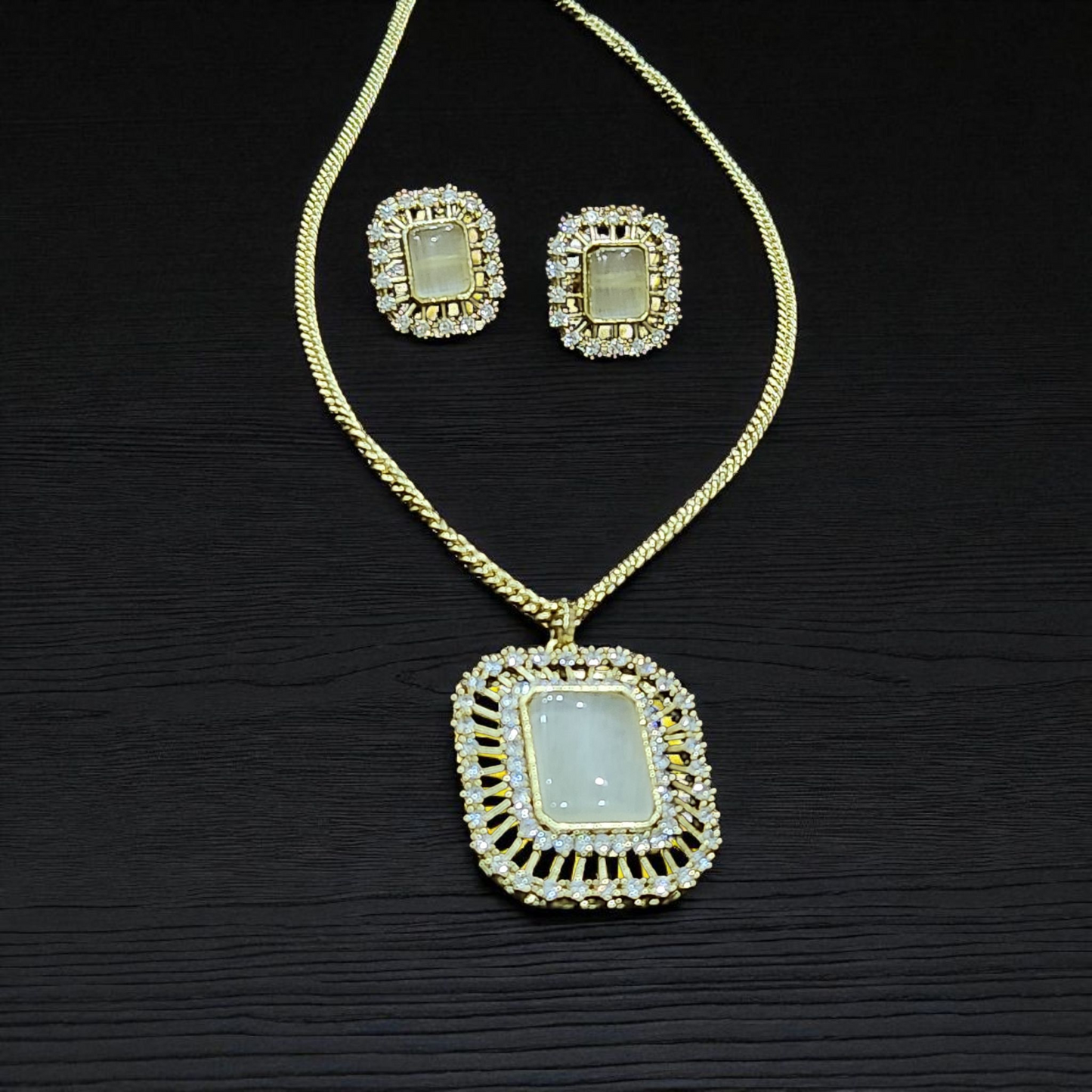 Classic Pendant Necklace Set with Square Moon Stone, AD Gold Polish & Matching Earrings