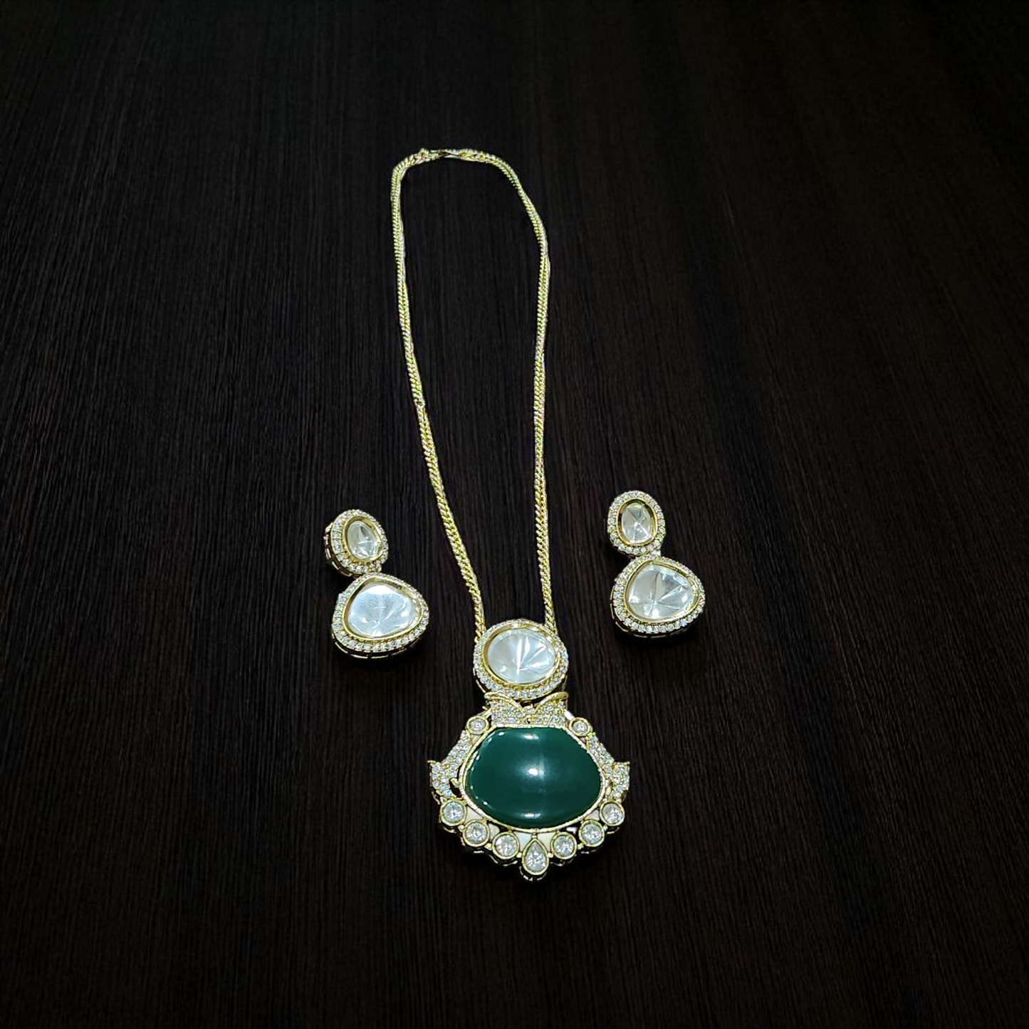 Gold Polish Pendant Necklace Set with Green Stone & Kundan AD Accents