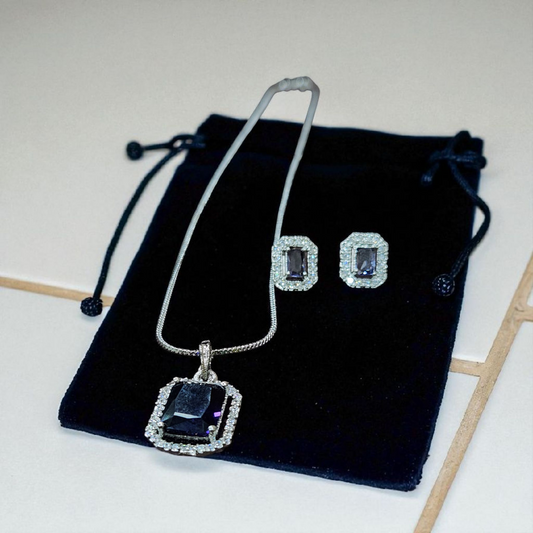 Silver Pendant Necklace Set with Grayish Purple Stone & Fine AD Accents