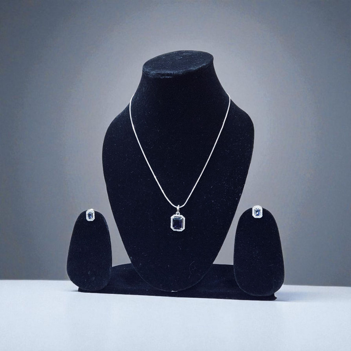 Silver Pendant Necklace Set with Grayish Purple Stone & Fine AD Accents