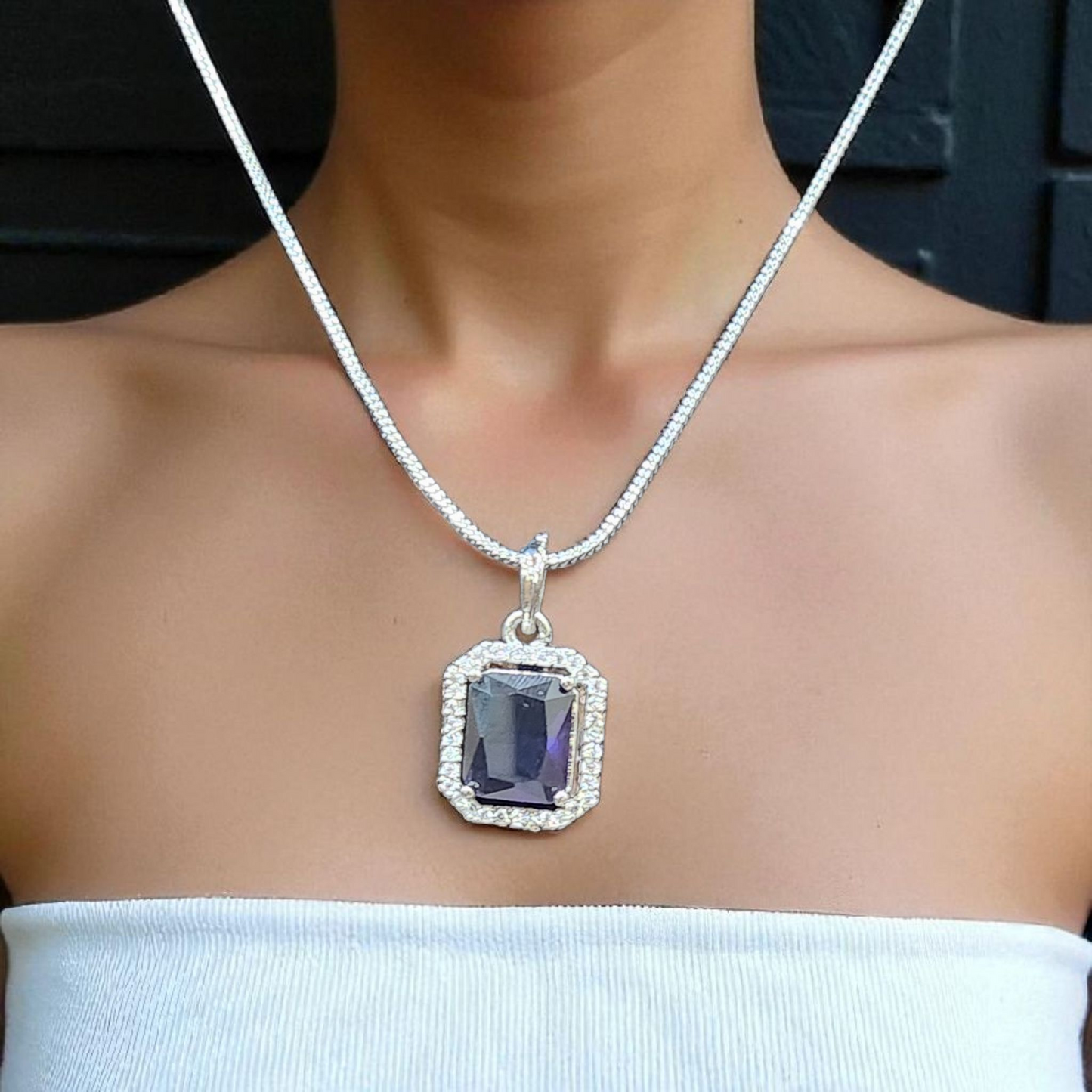 Silver Pendant Necklace Set with Grayish Purple Stone & Fine AD Accents