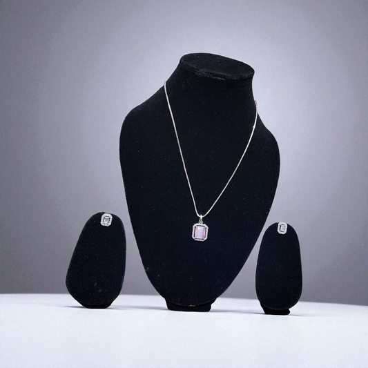 Pink Stone AD Pendant Set with Earrings – Elegant Silver Finish