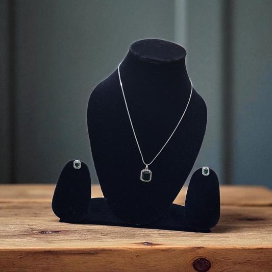 Green AD Stone AD Pendant Set with Earrings – Classic Silver Finish