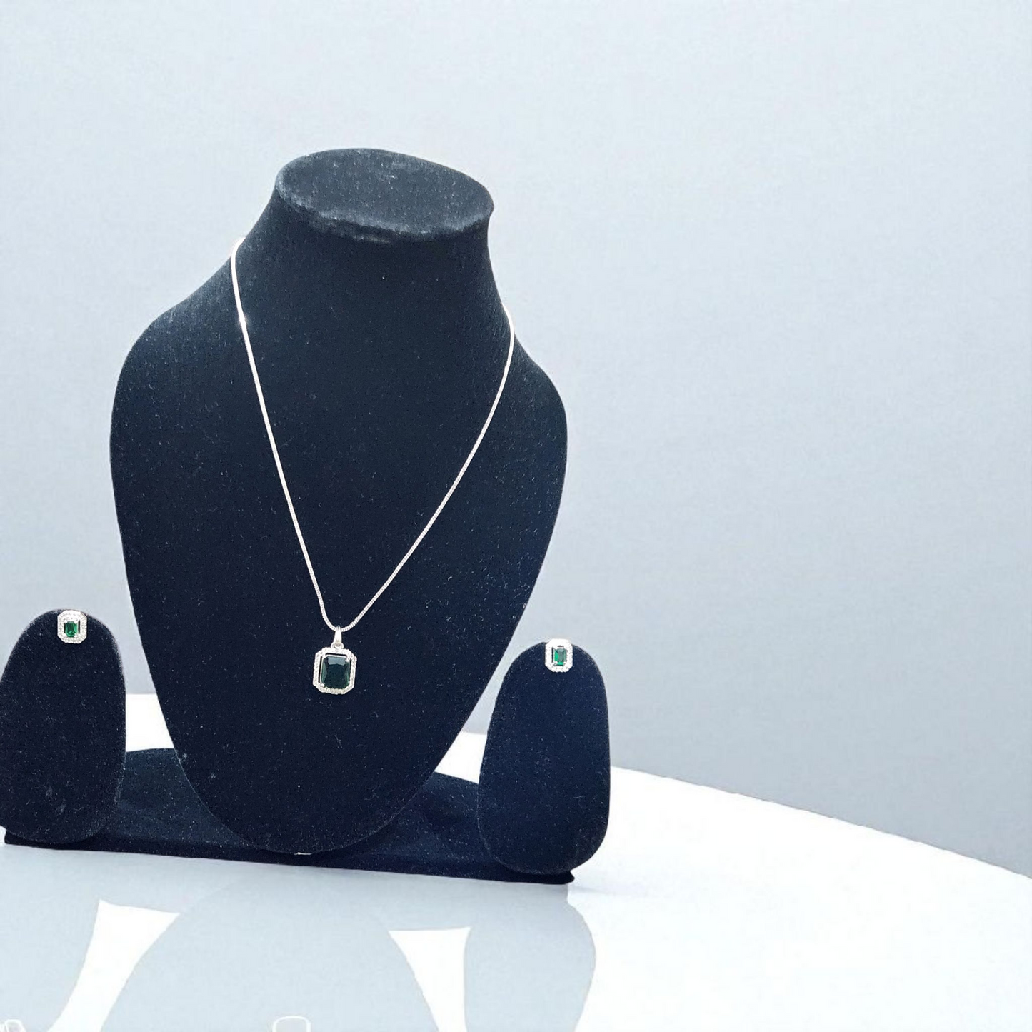 Green AD Stone AD Pendant Set with Earrings – Classic Silver Finish