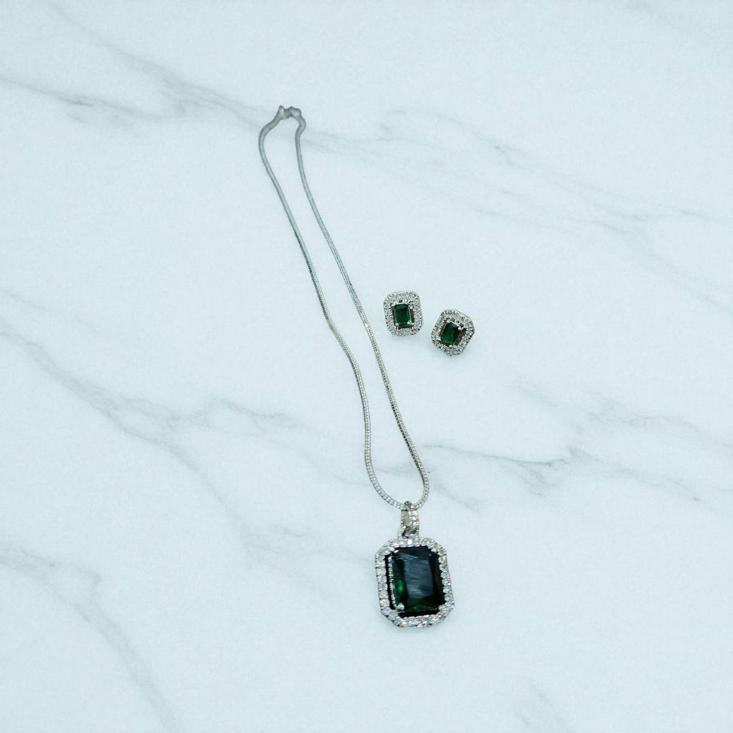 Green AD Stone AD Pendant Set with Earrings – Classic Silver Finish