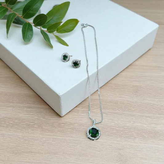 Round Green AD Stone AD Pendant Set with Earrings – Silver Finish
