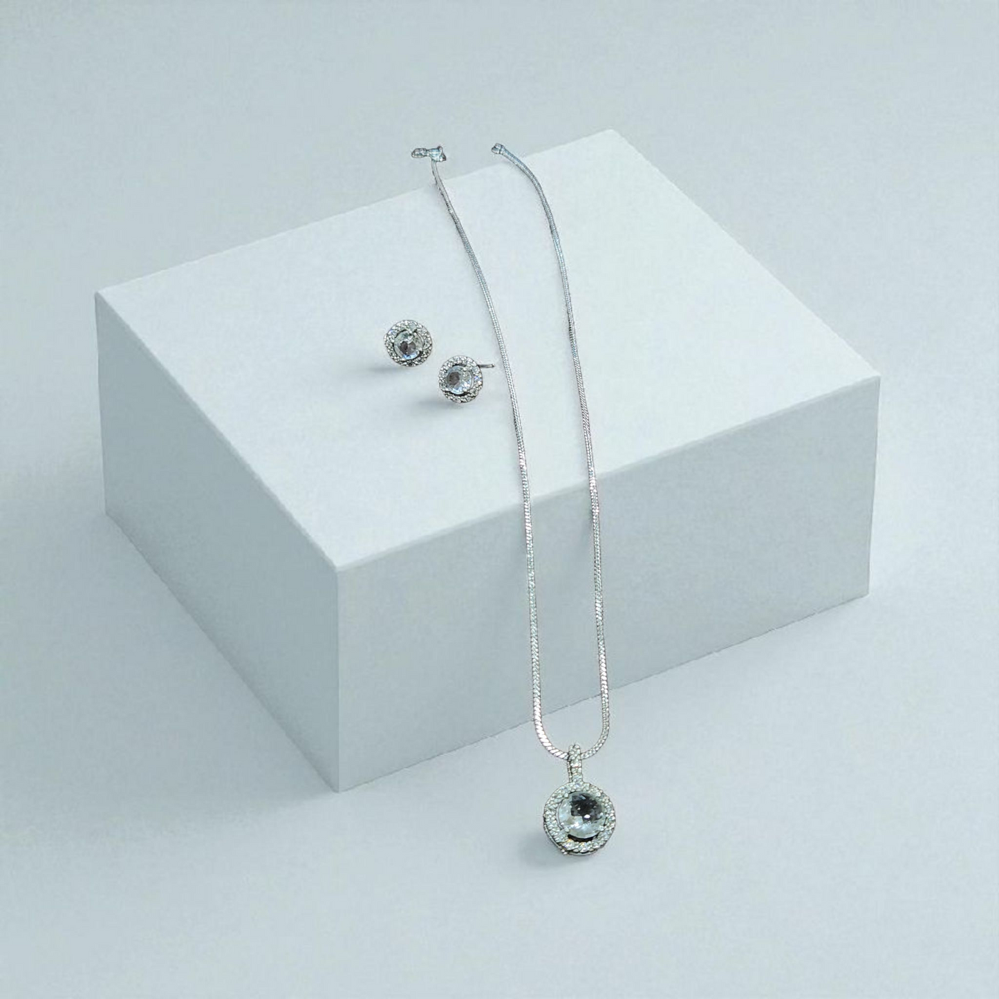 Round White Stone Pendant AD Set with Earrings – Elegant Silver Finish