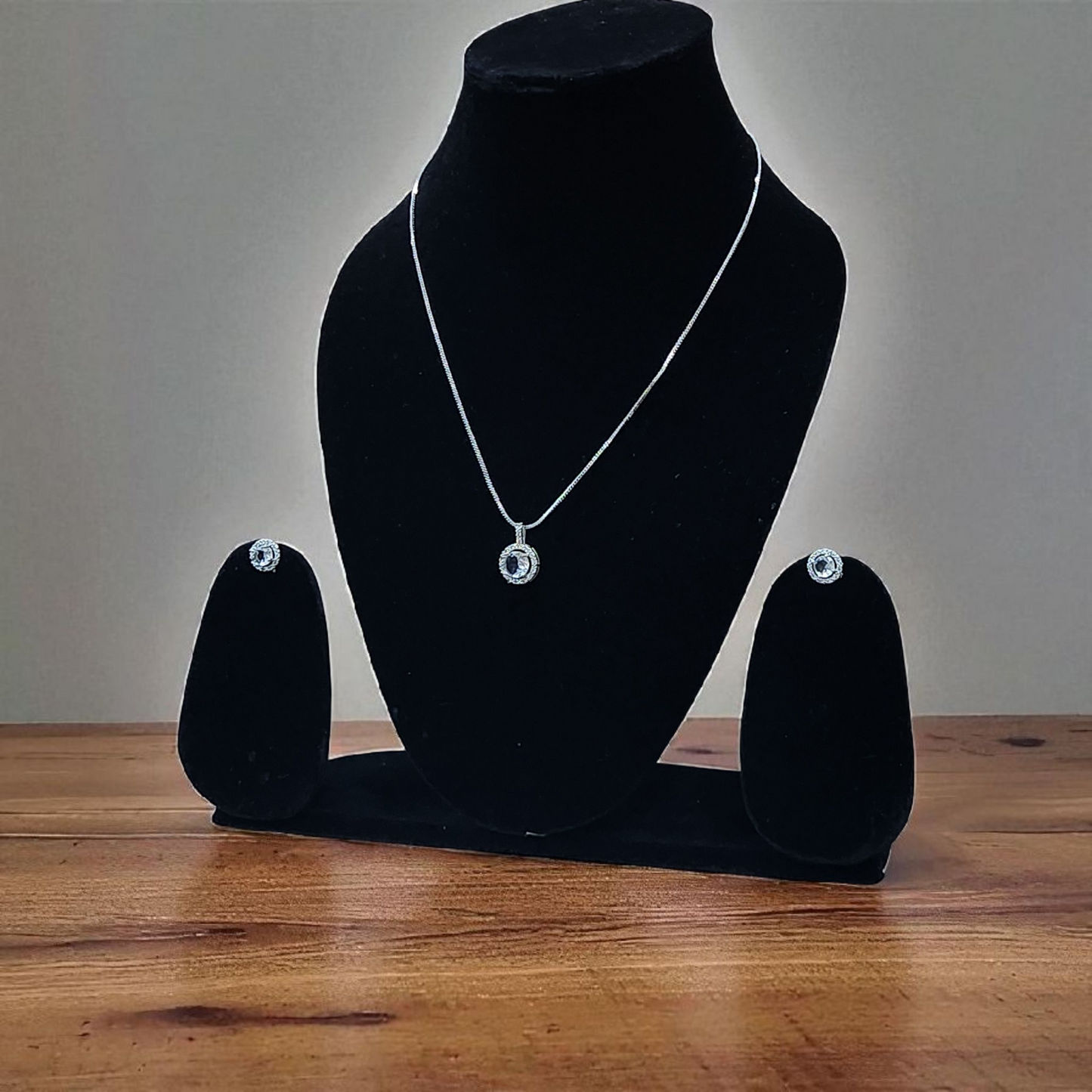 Round White Stone Pendant AD Set with Earrings – Elegant Silver Finish