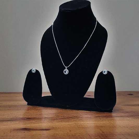 Round White Stone Pendant AD Set with Earrings – Elegant Silver Finish