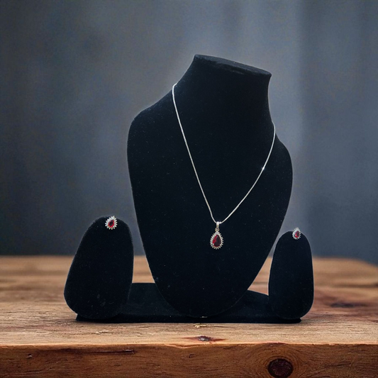 Teardrop Ruby Red AD Pendant Set with Earrings – Elegant Silver Finish