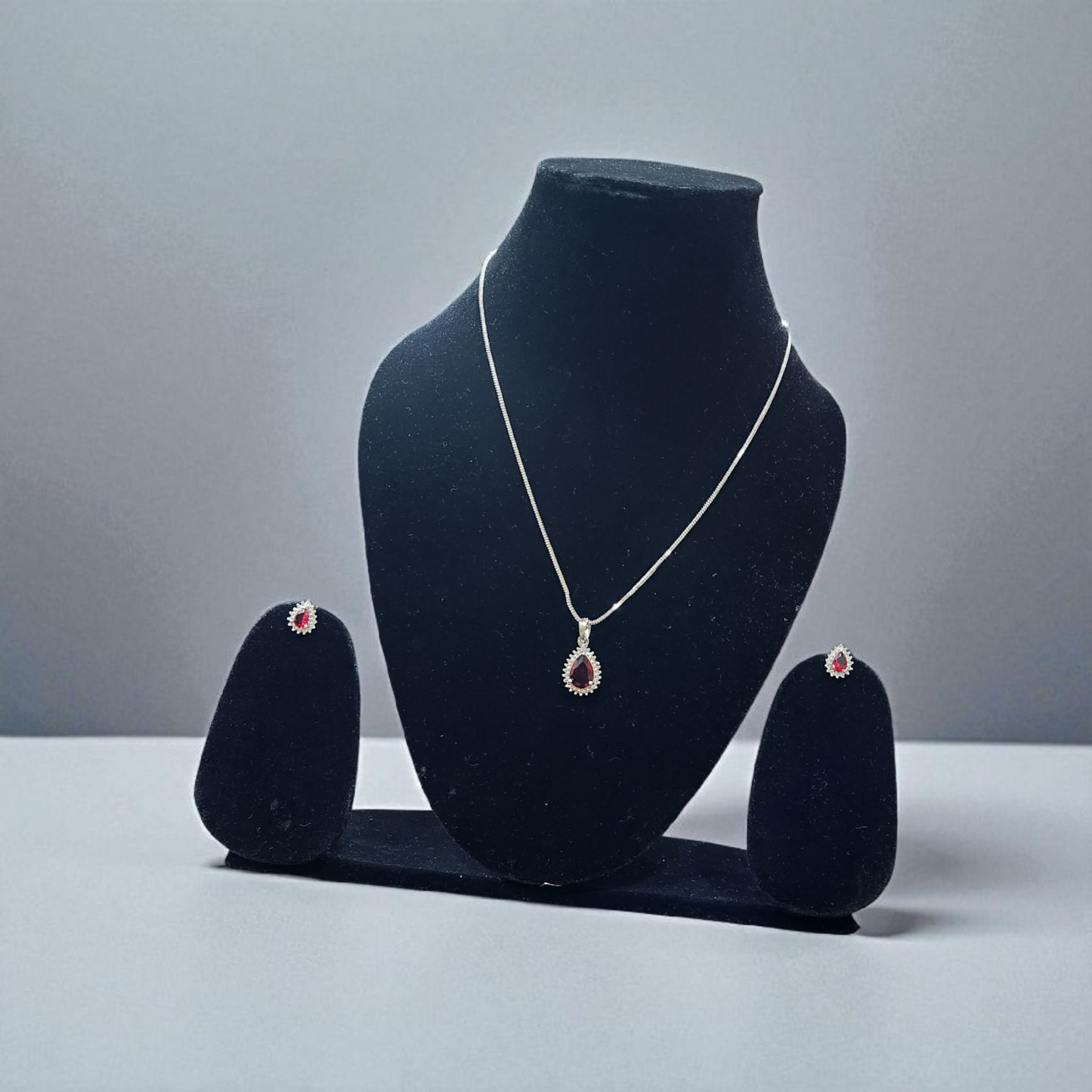 Teardrop Ruby Red AD Pendant Set with Earrings – Elegant Silver Finish