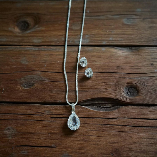 Teardrop White Crystal Pendant AD Set with Earrings – Elegant Silver Finish