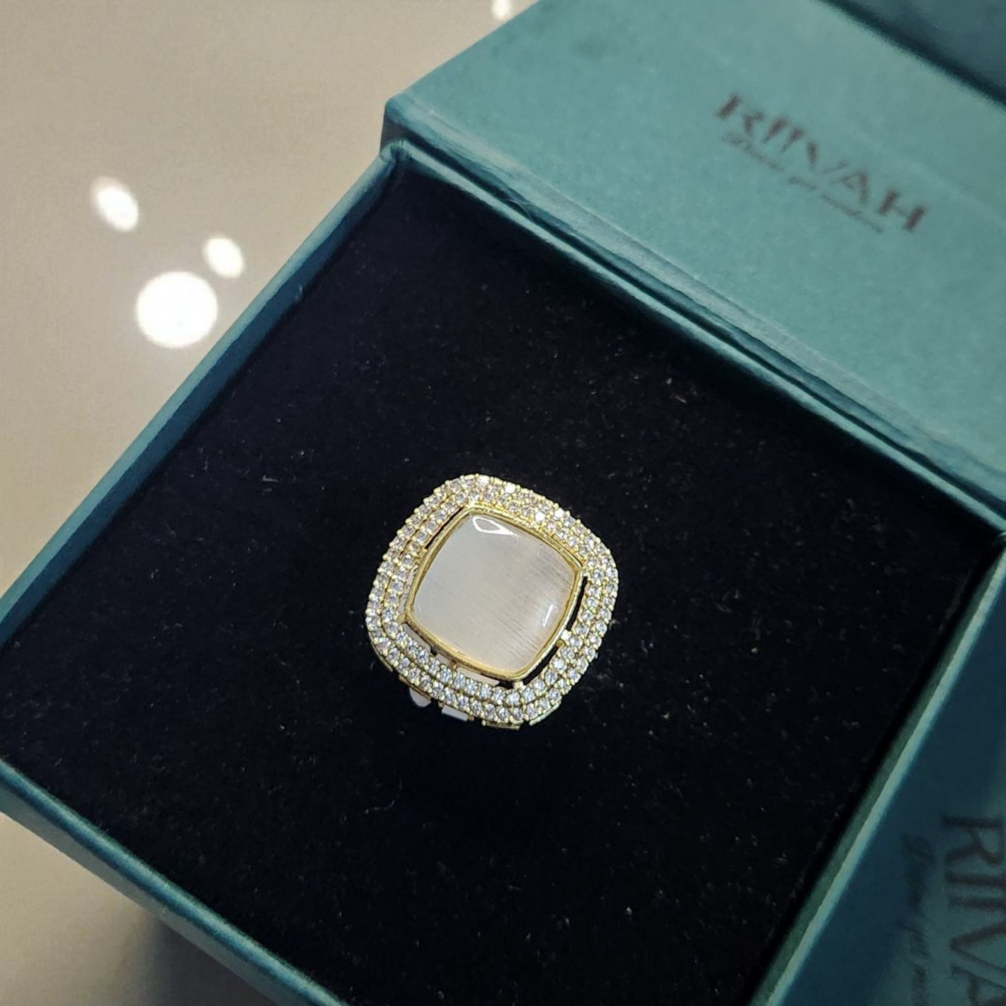 Gold Polished Statement Ring with Moon Stone & AD Accents