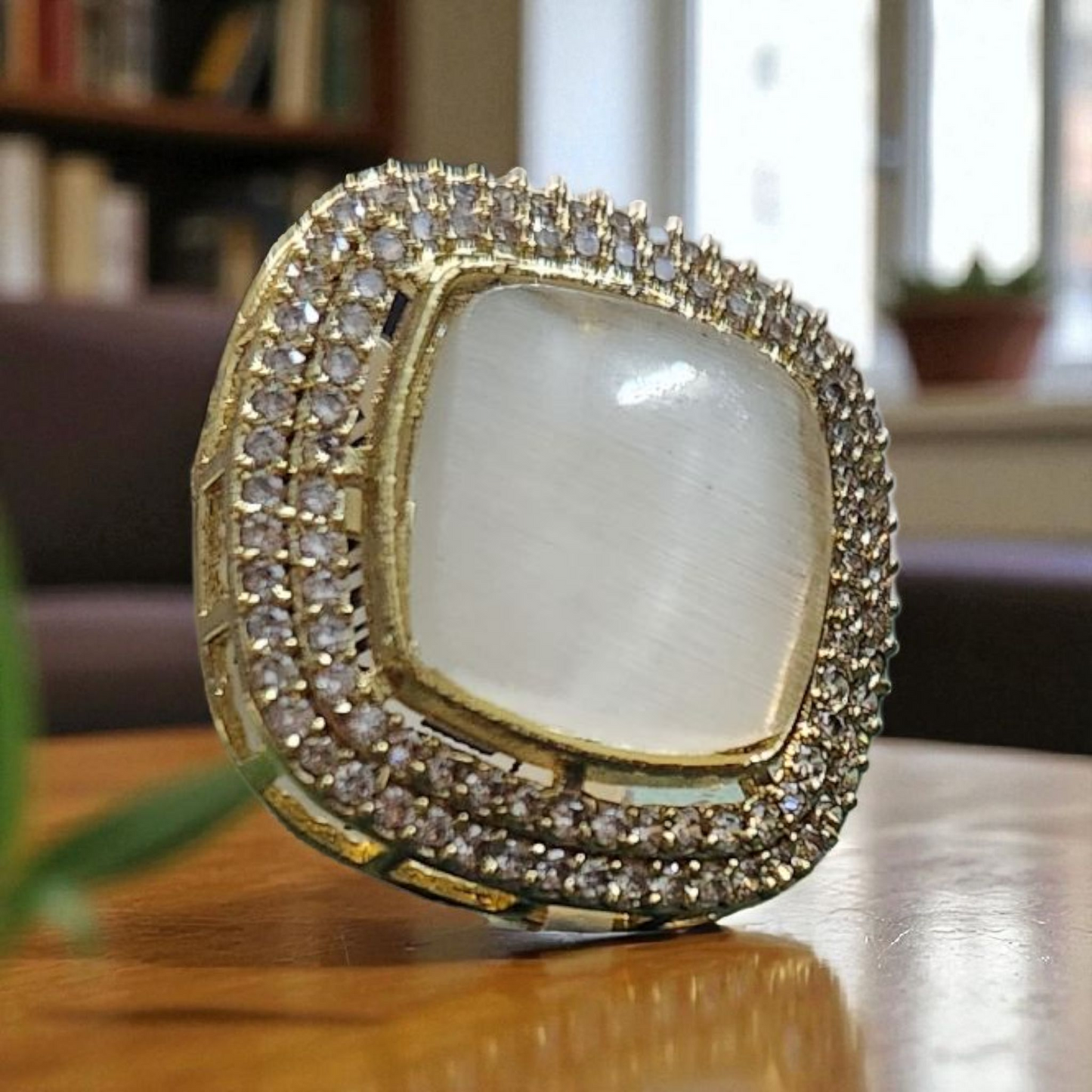 Gold Polished Statement Ring with Moon Stone & AD Accents