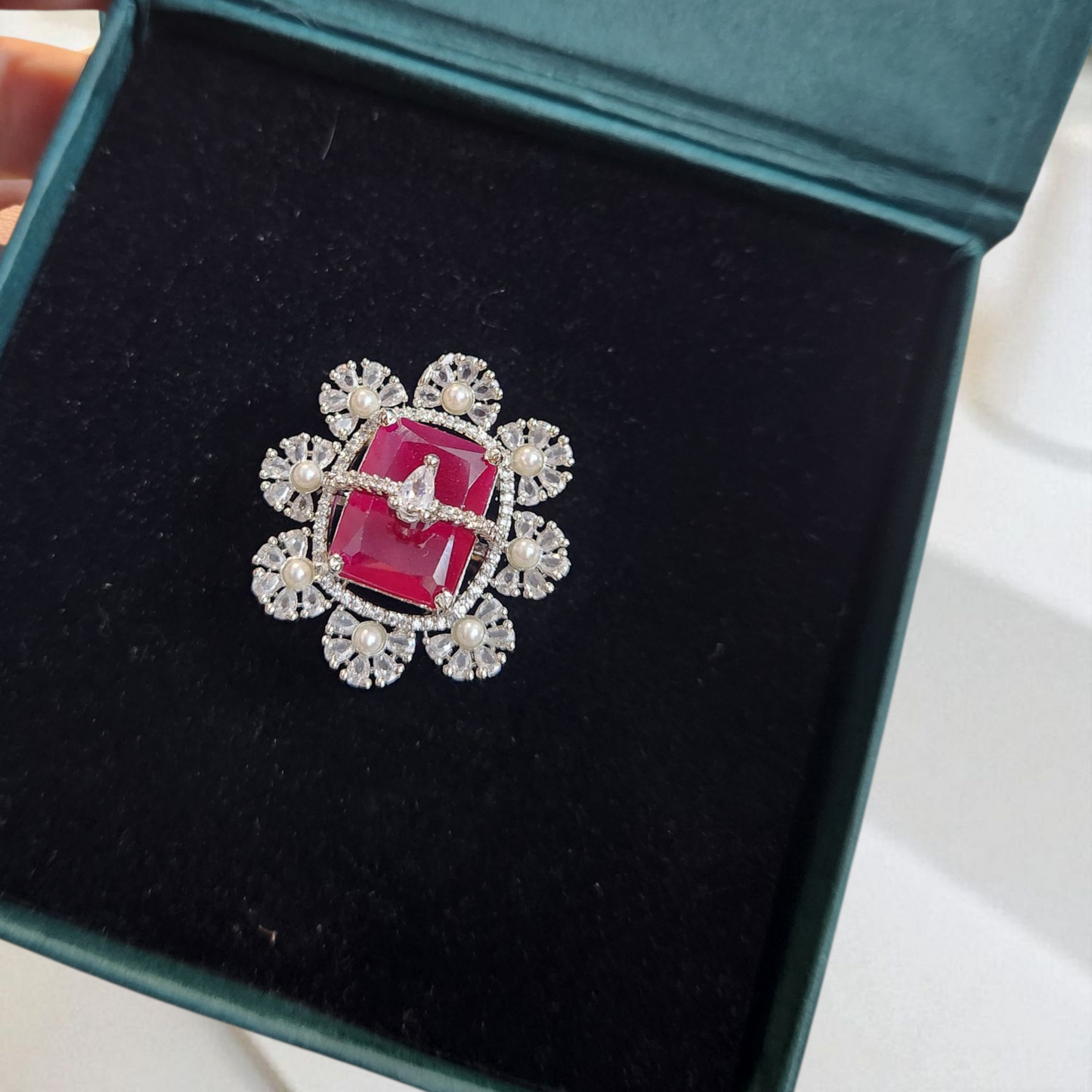 Silver polished Ruby Stone, AD, Pearl Statement Ring