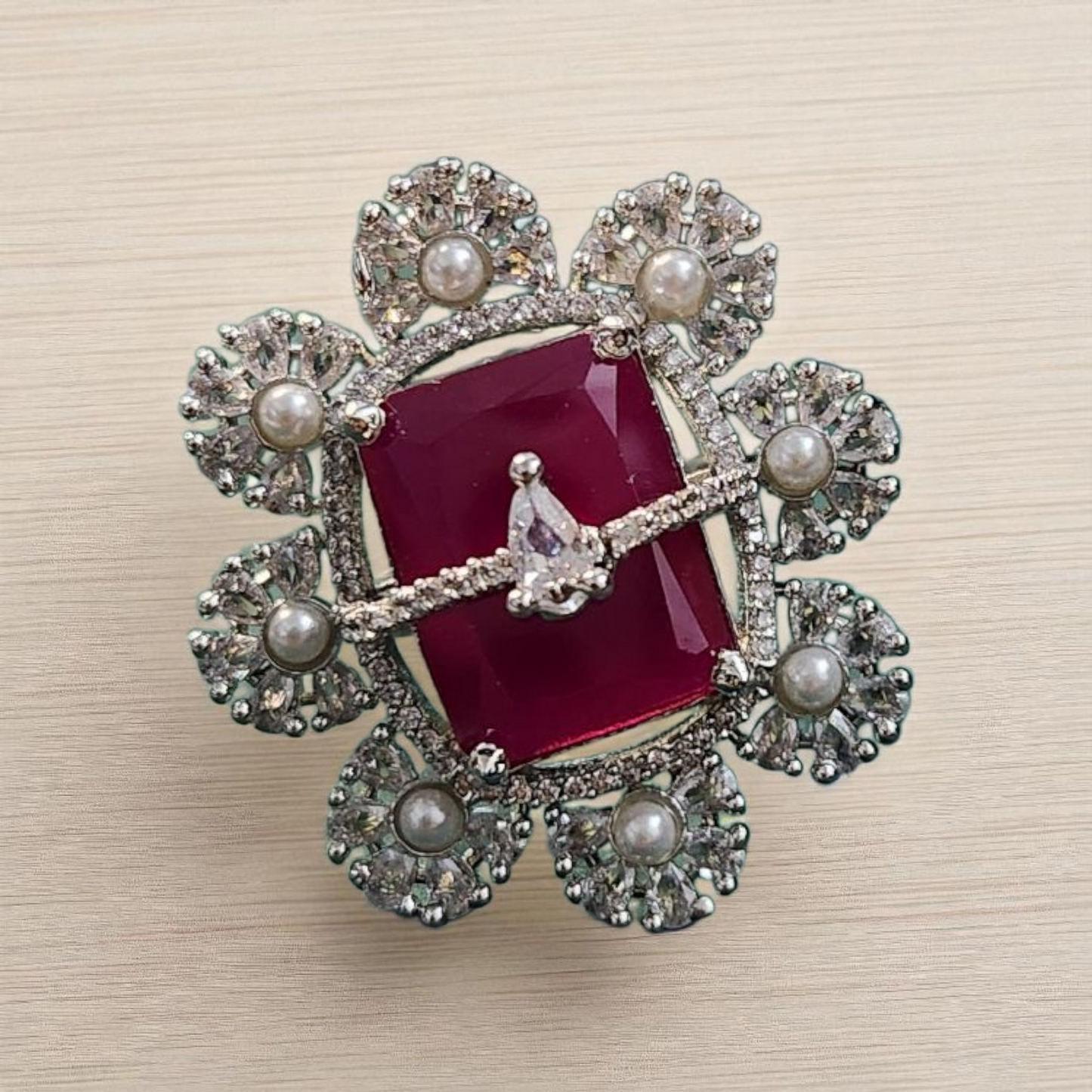Silver polished Ruby Stone, AD, Pearl Statement Ring