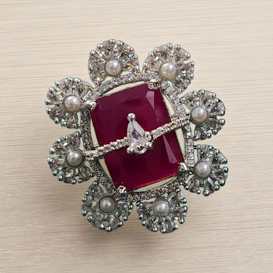 Silver polished Ruby Stone, AD, Pearl Statement Ring
