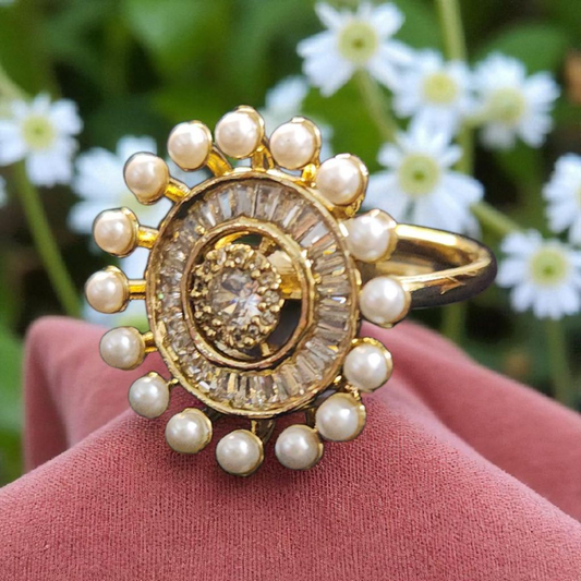 Pearl & AD Sunburst Gold Ring