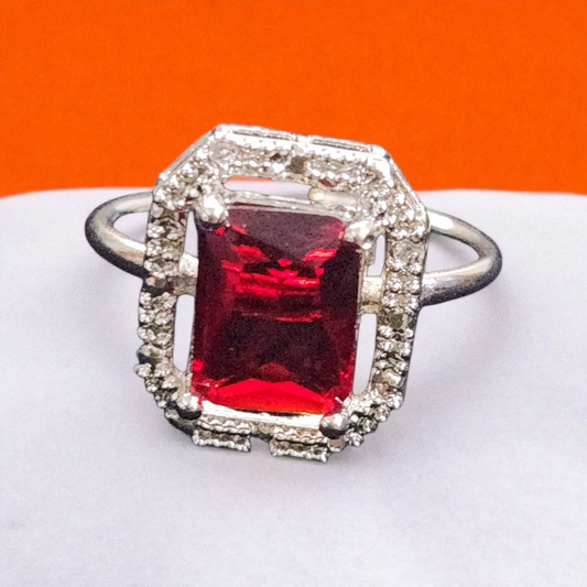 Royal Red Ruby AD Halo Ring – Bold Rectangular Cut