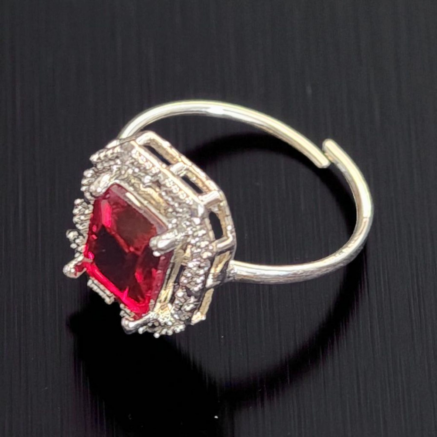 Royal Red Ruby AD Halo Ring – Bold Rectangular Cut