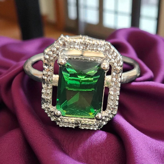 Royal Green Emerald AD Halo Ring – Rectangular Cut Elegance