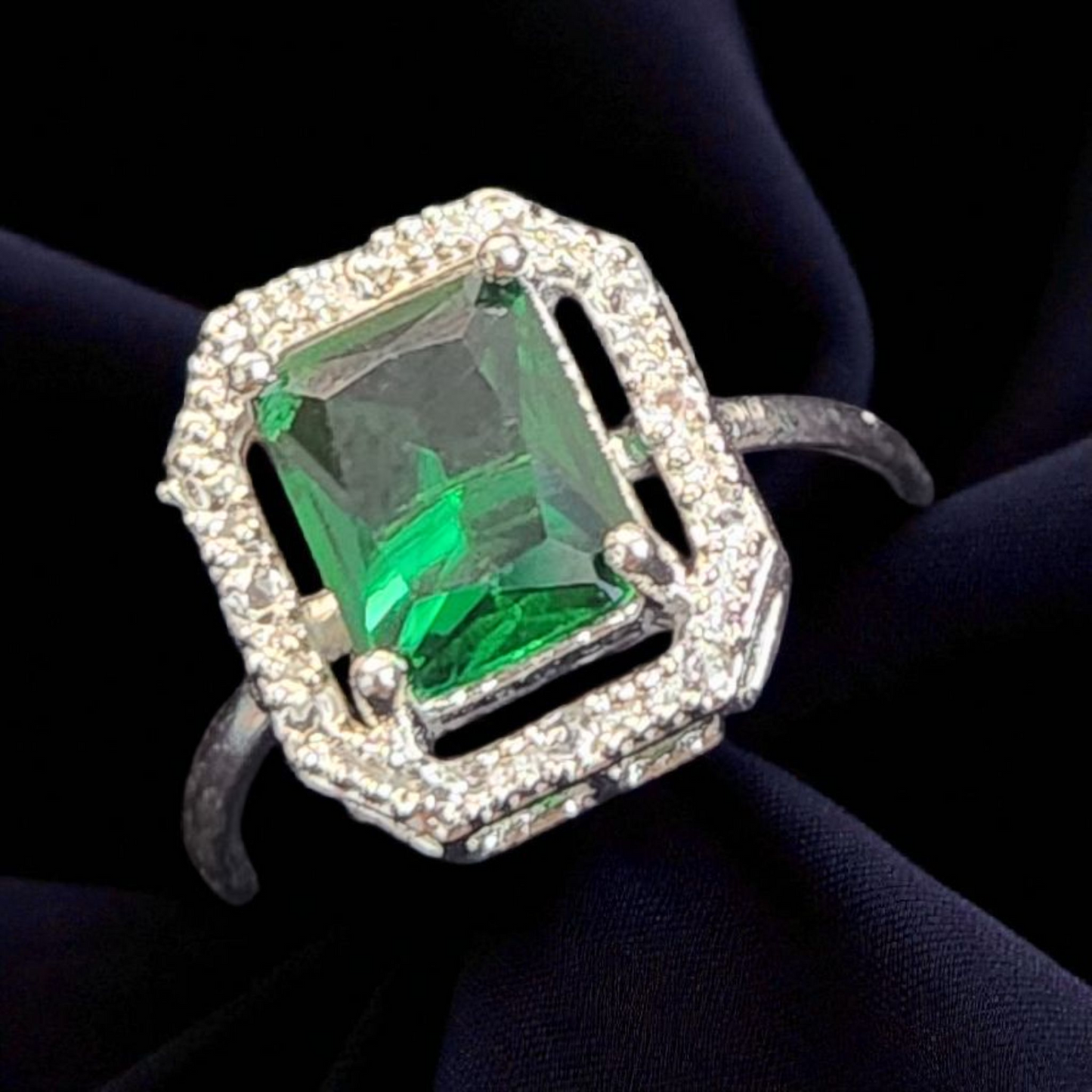Royal Green Emerald AD Halo Ring – Rectangular Cut Elegance