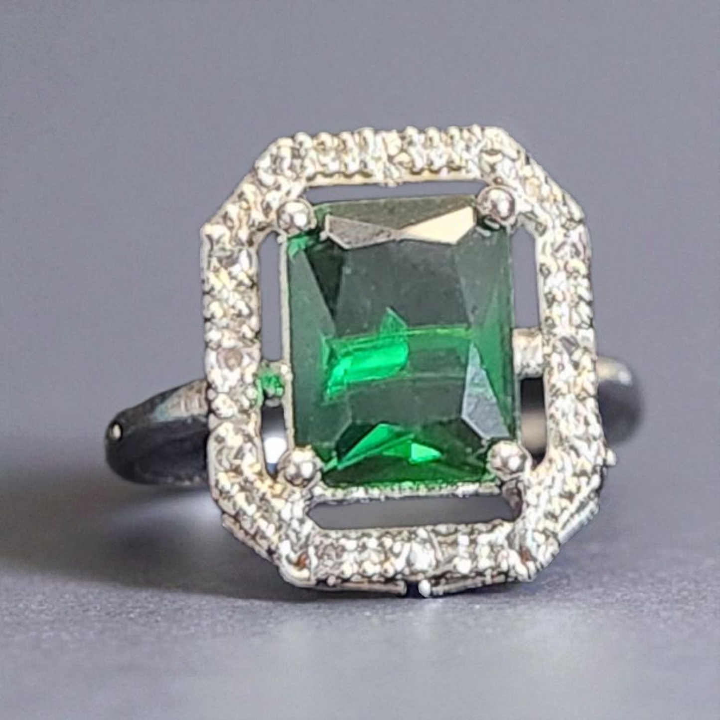 Royal Green Emerald AD Halo Ring – Rectangular Cut Elegance