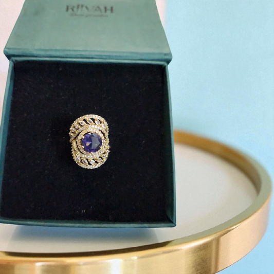 Purple Sapphire crystal AD stone Statement Ring – Gold Accents